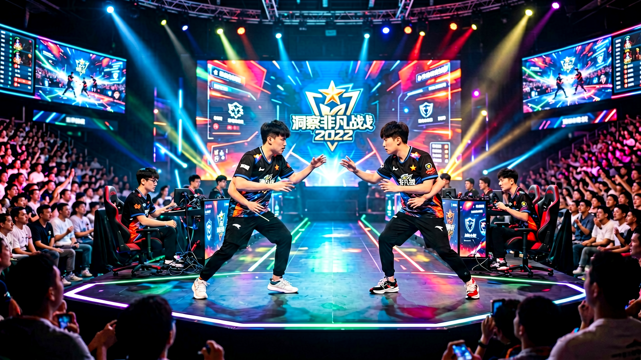 电竞比赛现场全景，选手在舞台上进行激烈对战